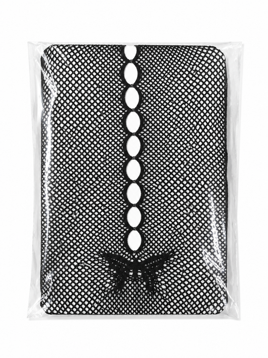 Zwarte visnet panty met ovale uitsparingen en vlindermotief